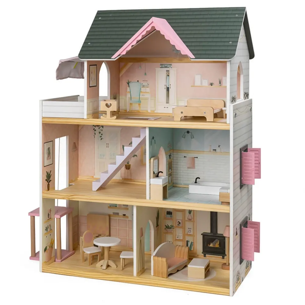 EUREKAKIDS Casita de muñecas de madera con ascensor