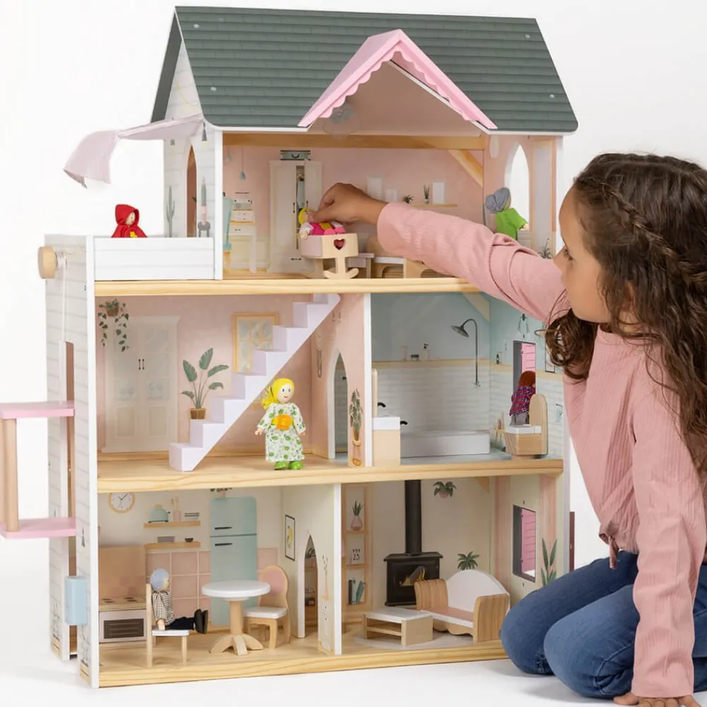 EUREKAKIDS Casita de muñecas de madera con ascensor