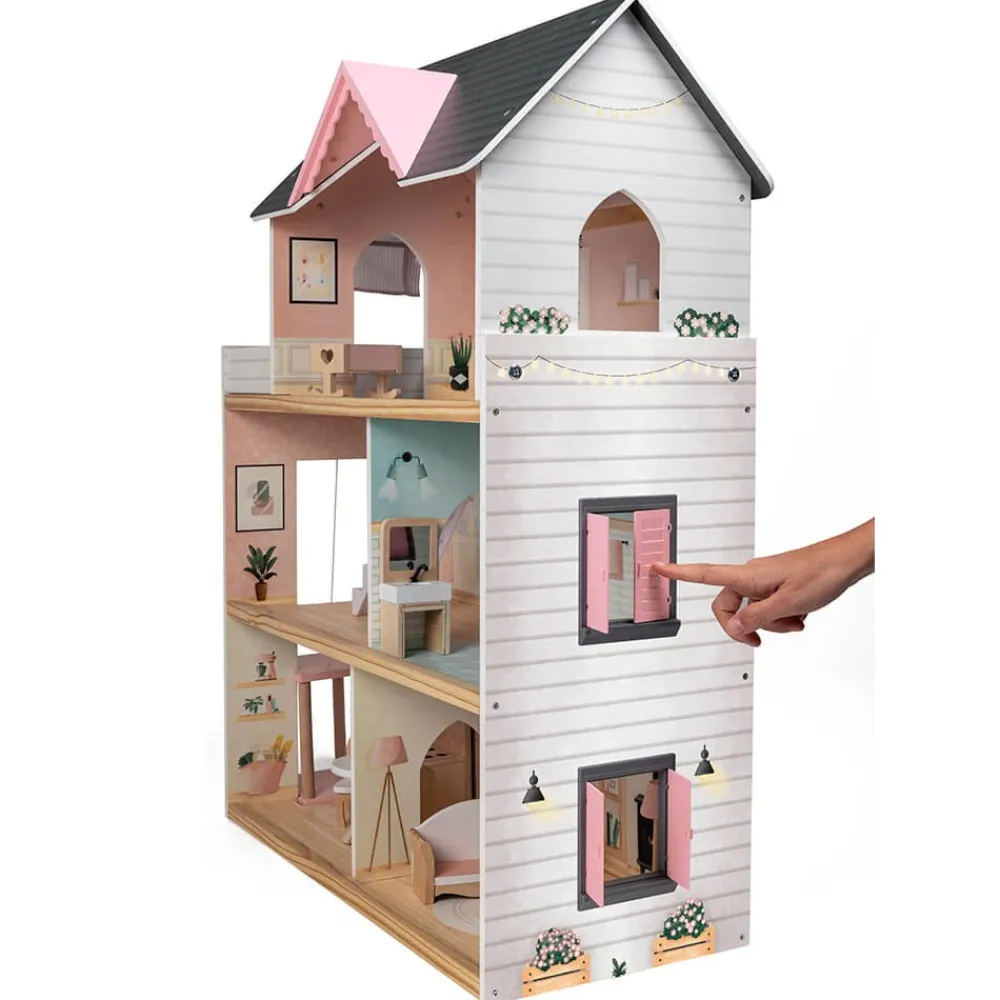 EUREKAKIDS Casita de muñecas de madera con ascensor