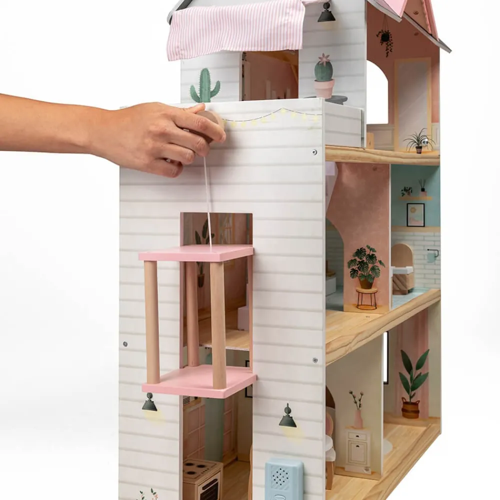 EUREKAKIDS Casita de muñecas de madera con ascensor