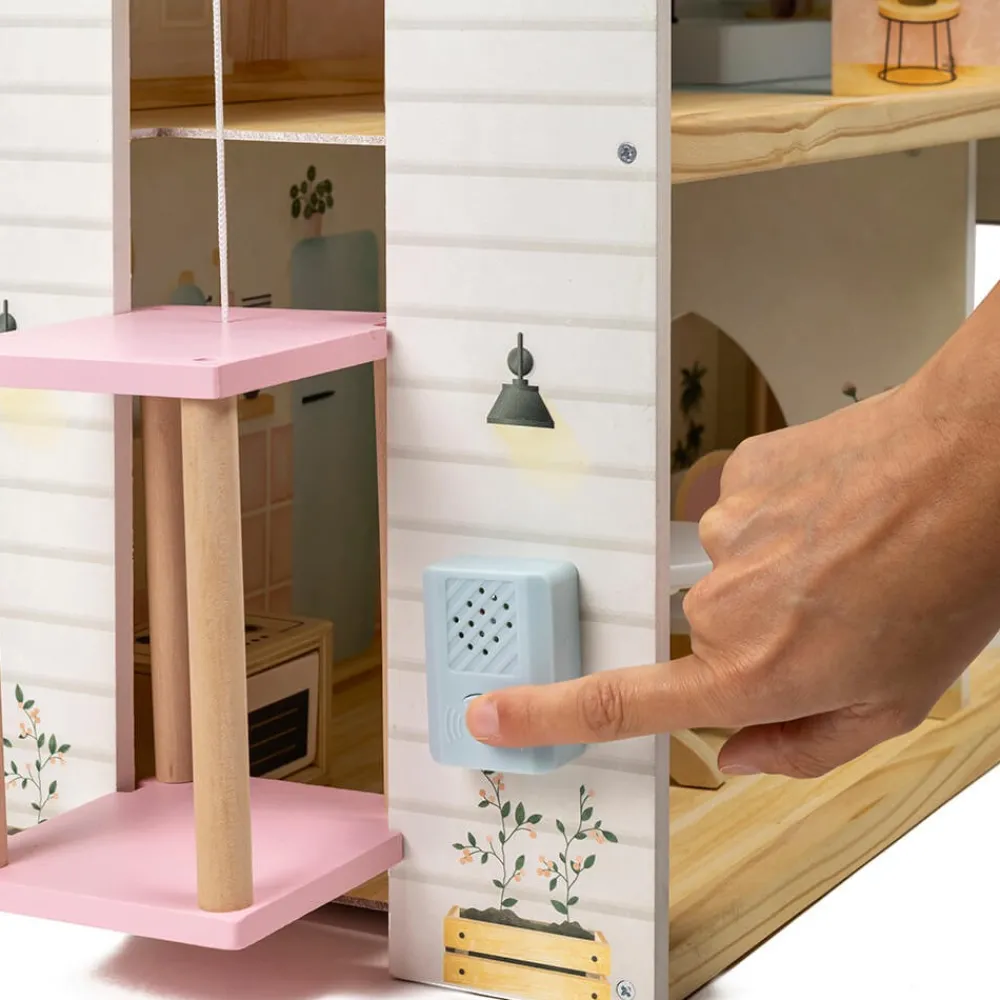 EUREKAKIDS Casita de muñecas de madera con ascensor