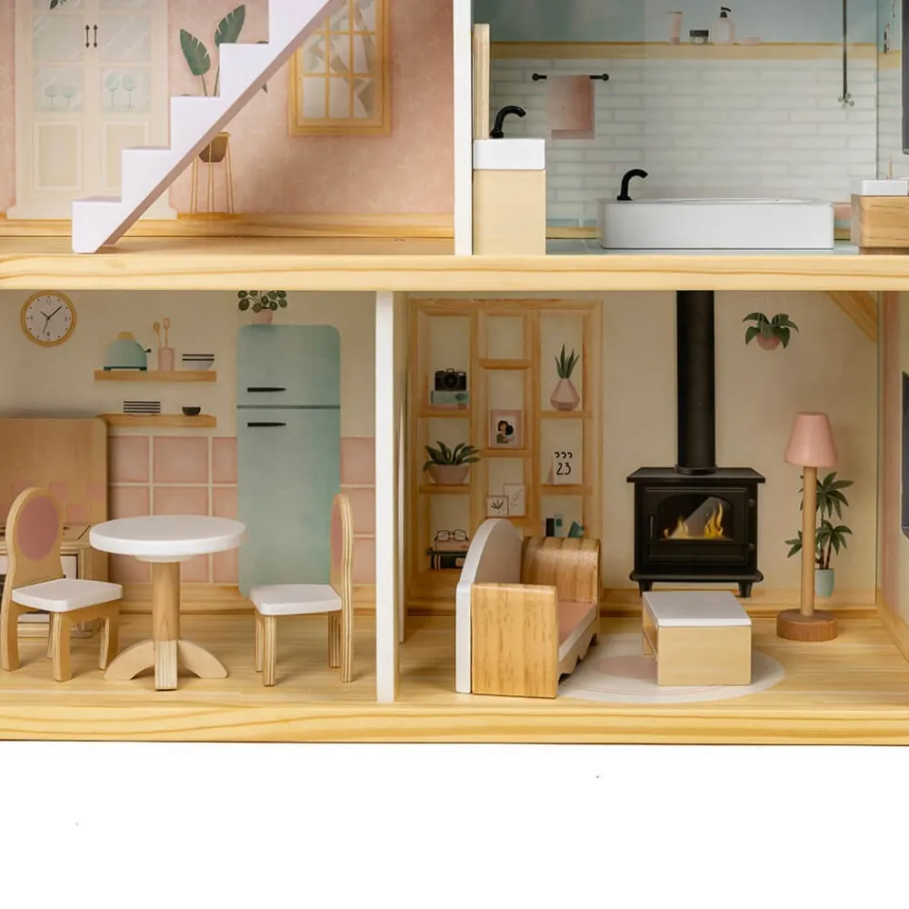 EUREKAKIDS Casita de muñecas de madera con ascensor